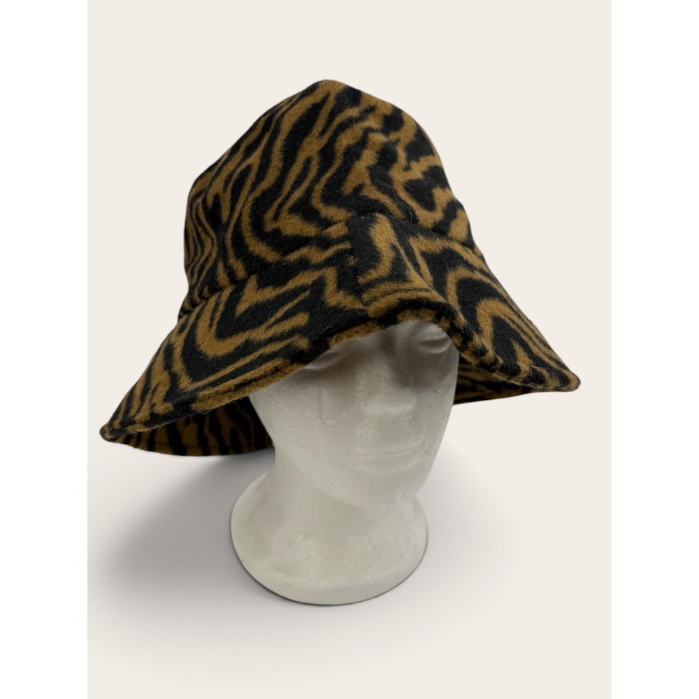 Women Tiger Print Bucket Hat Brown Black Faux Wool Animal Print Streetwear